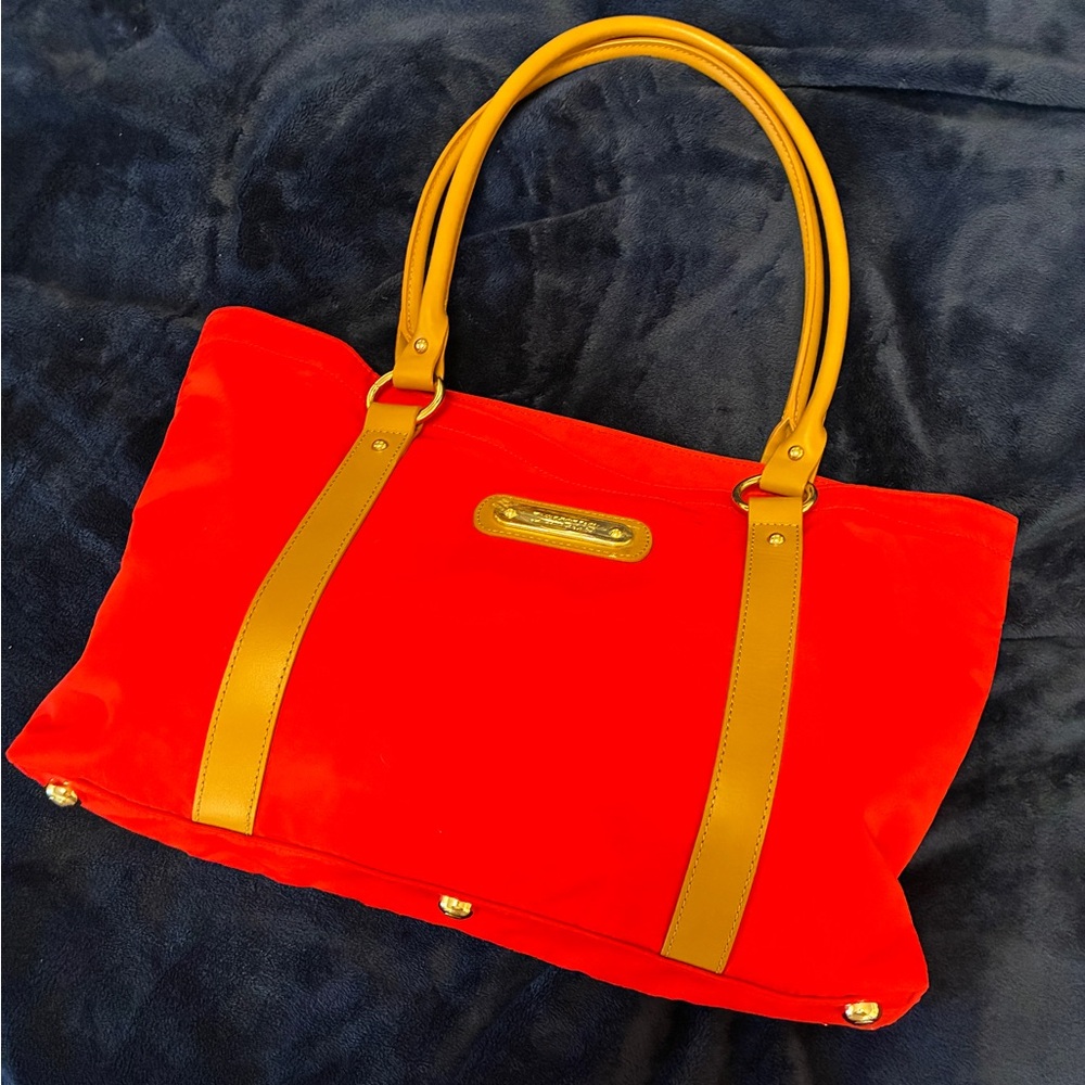 Davey's Large Tote Bag in Red Nylon with tan genuine leather trim